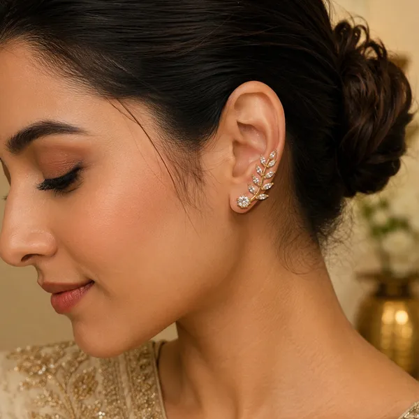 AAA_Grade_Cubic_Zirconia_Studded_Gold_Plated_Leaf_Design_Ear_Cuff_Earring_