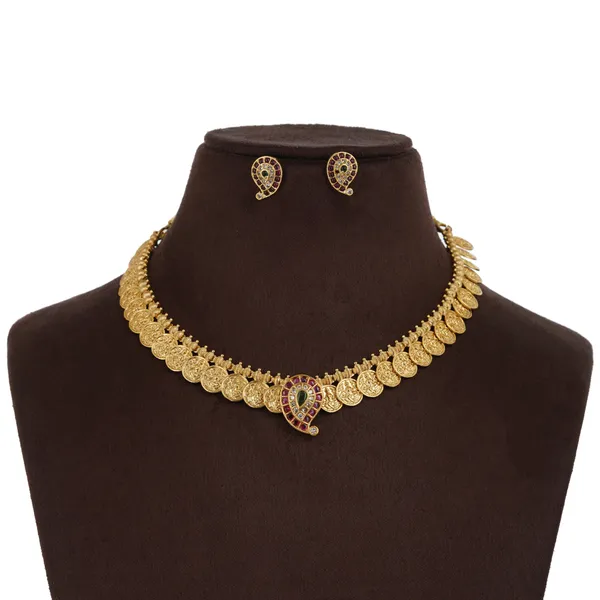 Gold_Plated_Brass_Coin_Necklace_Set_With_Pink_Kemp_Earrings