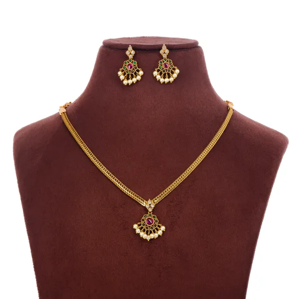 Gold_Plated_Pink_Green_Stone_Pearl_Drop_Necklace_Set_For_Women