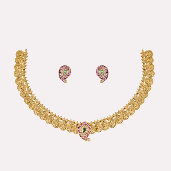 Gold_Plated_Brass_Coin_Necklace_Set_With_Pink_Kemp_Earrings