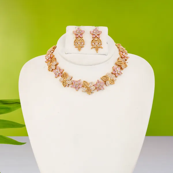 Gold_Plated_Pink_Stone_Floral_Earrings_With_Leaf_Design
