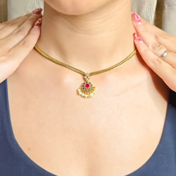 Gold_Plated_Pink_Green_Stone_Pearl_Drop_Necklace_Set_For_Women
