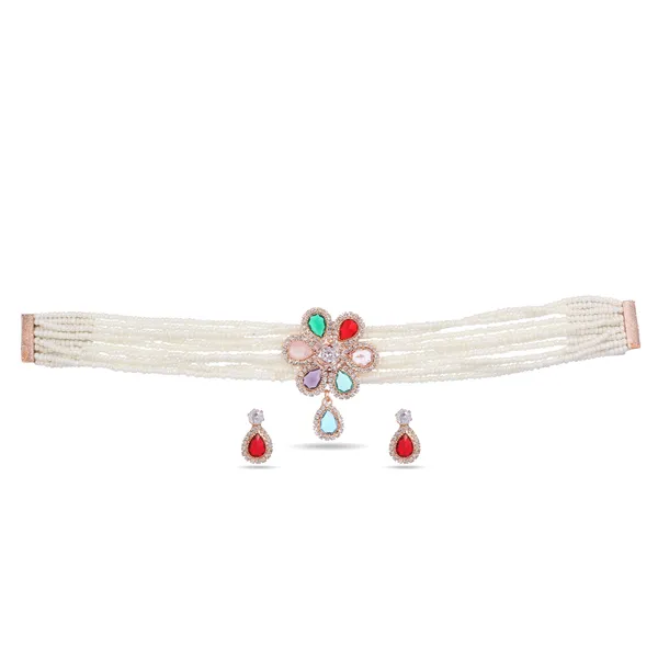 White_Pearl_Multi_Stone_Floral_Choker_Necklace_Set_For_Women