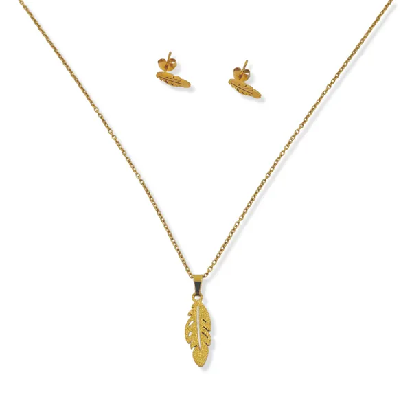 Yellow_Gold_Plated_Stainless_Steel_Feather_Pendant_Necklace_Set