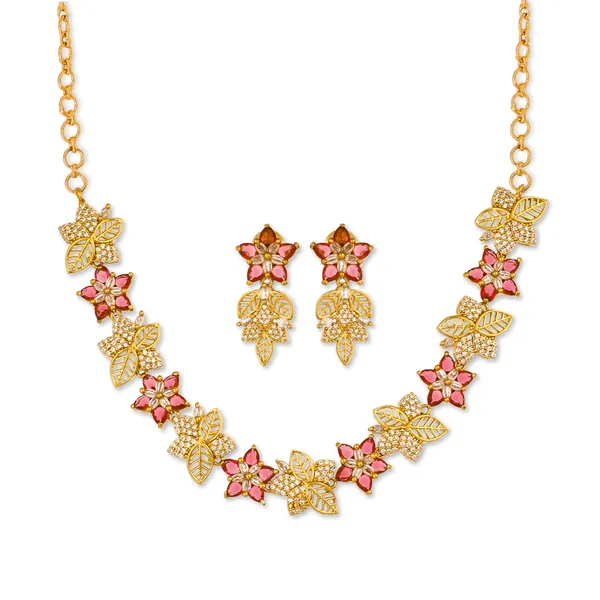 Gold_Pink_Floral_Stone_Necklace_Earrings_Set_For_Women
