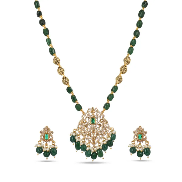 Gold_Plated_Zircon_Pendant_Beaded_Long_Necklace_Set_With_Earrings