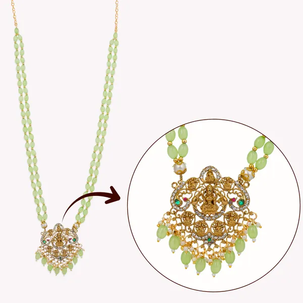 Mint_Green_Beaded_Double_Strand_Long_Necklace_With_Gold_Plated_Lakshmi_Pendant_For_Women