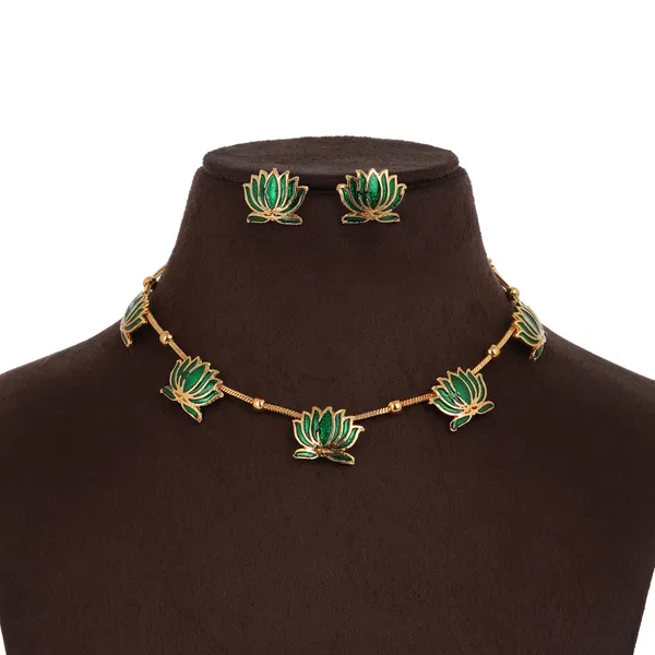 Gold_Plated_Green_Enamel_Lotus_Necklace_Set_With_Earrings