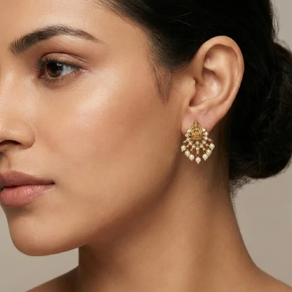 Pearls_&_Zircons_Studded_Gold_Plated_Lakshmi_Temple_jewellery_Earrings