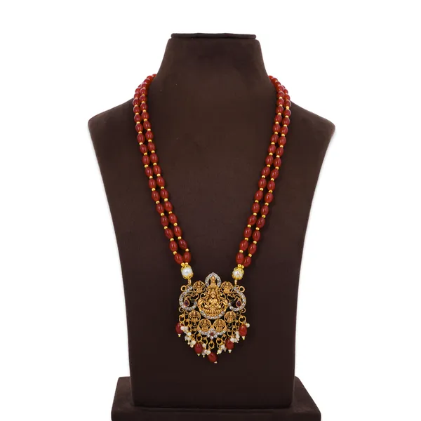 Maroon_Beaded_Double_Strand_Long_Necklace_With_Gold_Plated_Lakshmi_Pendant_For_Women