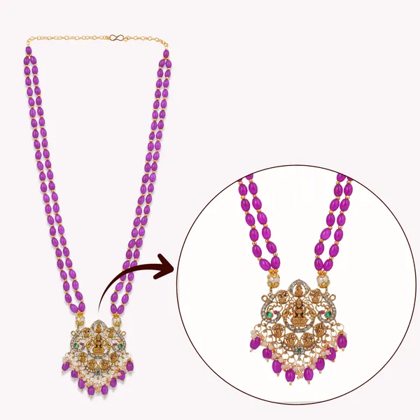 Purple_Beaded_Double_Strand_Long_Necklace_With_Gold_Plated_Lakshmi_Pendant_For_Women