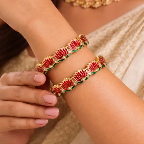 Gold_Tone_Red_Lotus_Enamel_Bangle_Set_For_Women