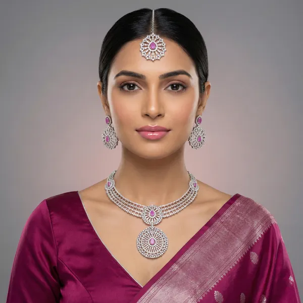 Silver_Rhodium_Plated_Pink_Zirconia_Bridal_Necklace_Set_For_Women