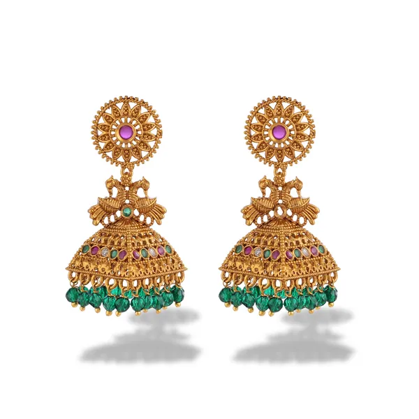 Gold_Plated_Jhumka_Earrings_With_Green_Beads_For_Women
