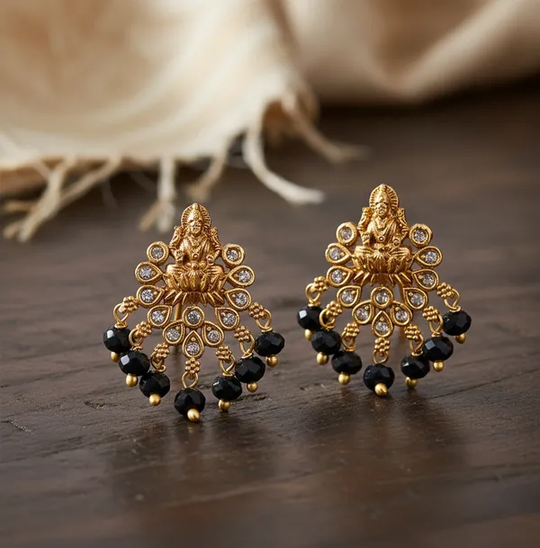 black_Beads_&_Zircons_Studded_Gold_Plated_Lakshmi_Temple_jewellery_Earrings
