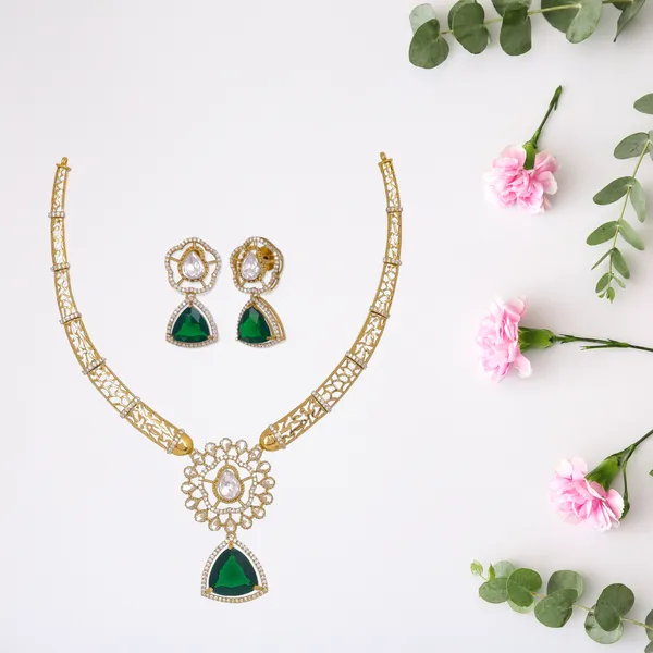 Gold_Tone_American_Diamond_Floral_Emerald_Green_Stone_Necklace_Set_For_Women