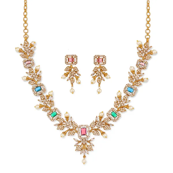 Gold_Tone_Multicolor_Stone_AD_Necklace_Set_With_Pearls