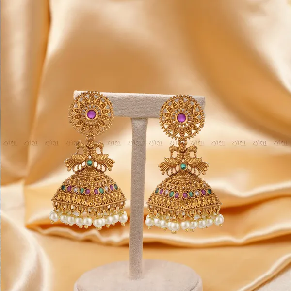 Gold_Antique_Jhumka_Earrings_With_Pearls_And_Gemstones_For_Women