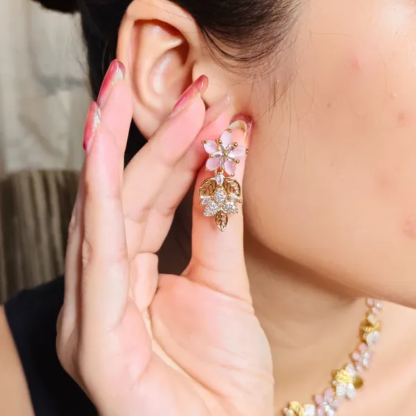 Gold_Plated_Pink_Stone_Floral_Earrings_With_Leaf_Design