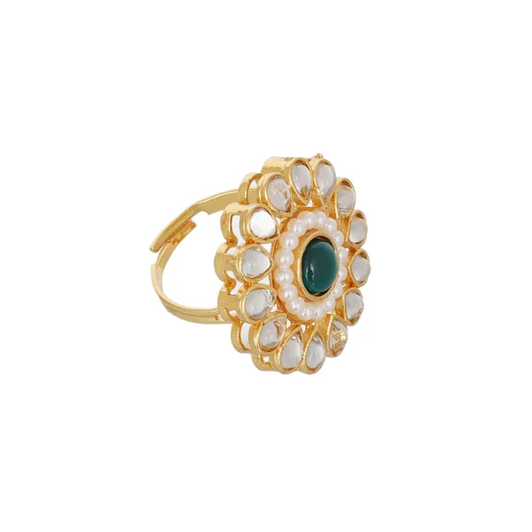 Gold_Plated_Kundan_Pearl_Green_Stone_Adjustable_Finger_Ring_For_Women