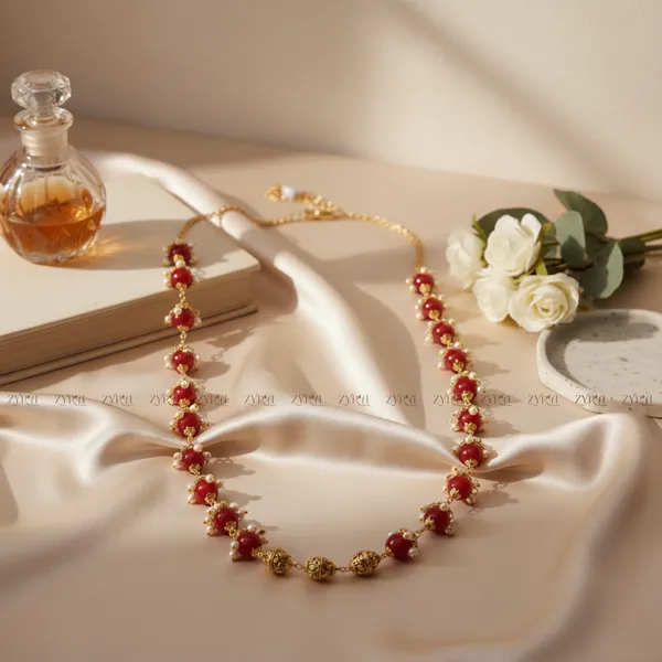 Gold_Red_Stone_Pearl_Embellished_Chain_Necklace_For_Women