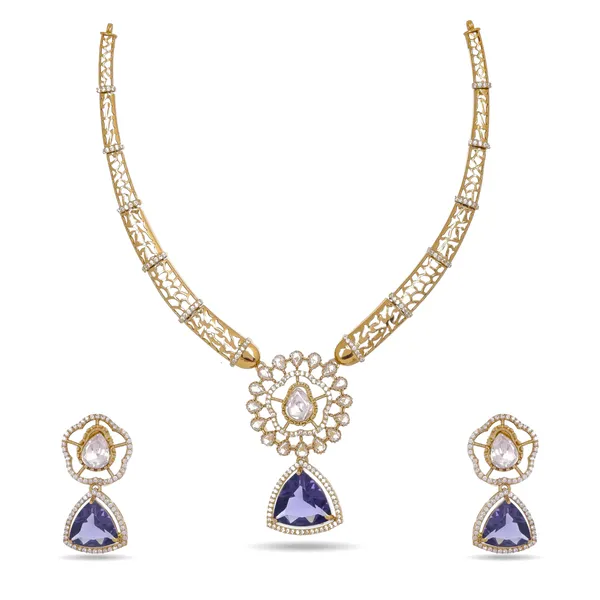 Antique_Gold_Moissanite_American_Diamond_Necklace_Set_With_Purple_Zircon
