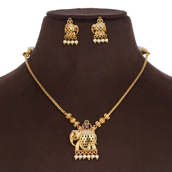 Gold_Elephant_Motif_Pearl_Drop_Necklace_Set_For_Women