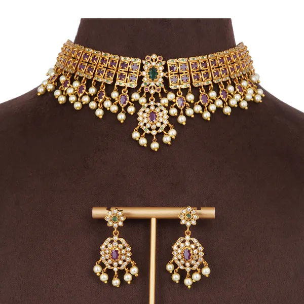 Gold_Plated_Ruby_Emerald_Choker_Necklace_Set_With_Pearl_Drops