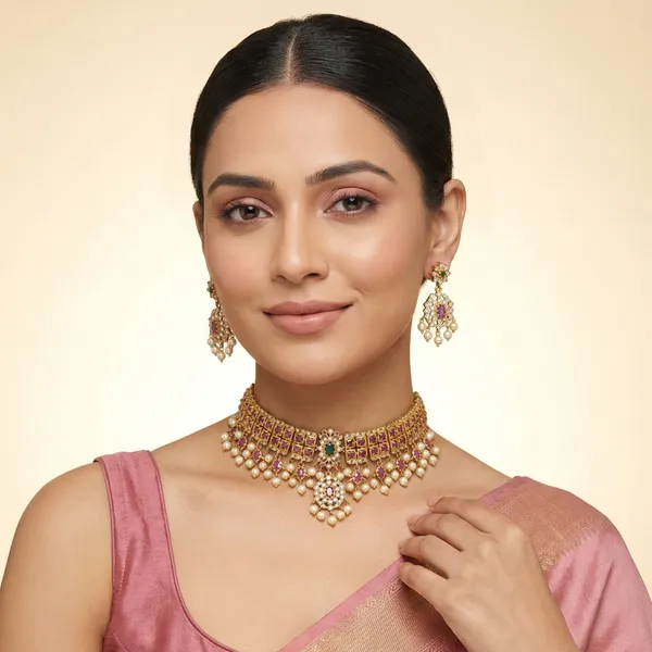 Gold_Plated_Ruby_Emerald_Choker_Necklace_Set_With_Pearl_Drops