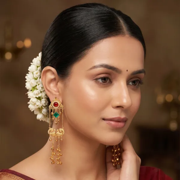 Gold_Plated_Kashmiri_Earrings_Cascade_Dangle_Design_With_Red_And_Green_Stones