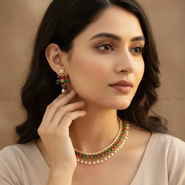 Gold_Plated_Multi_Color_Stone_Pearl_Drop_AD_Choker_Necklace_Set