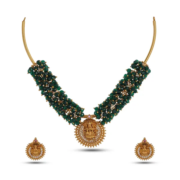 Gold_Plated_Green_Crystal_Bead_Necklace_Set_With_Temple_Pendant