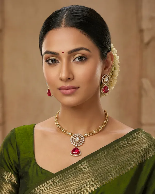 Antique_Gold_Brass_Moissanite_Zircon_Necklace_Earrings_Set_For_Women