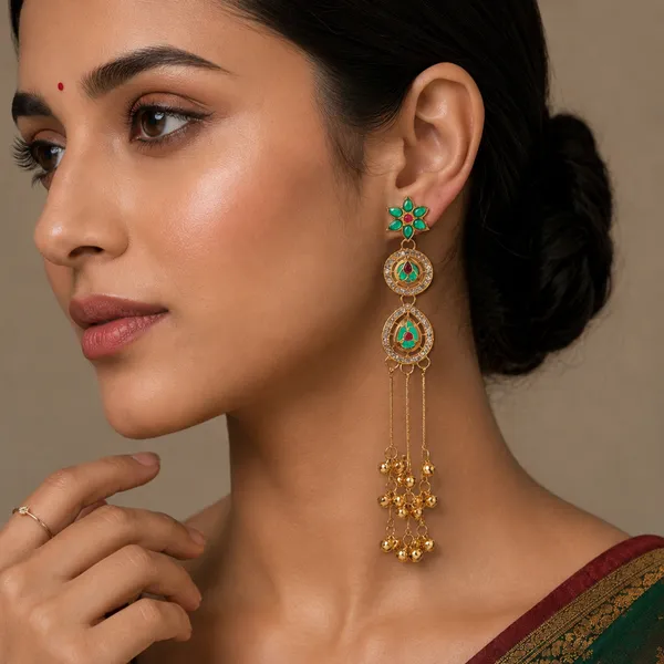 Gold_Plated_Kashmiri_Earrings_Green_Zircon_Kemp_Studded_Cascade_Dangle_Earrings