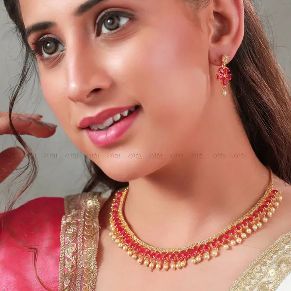 Gold_Plated_Pink_Stone_Pearl_Drop_AD_Choker_Necklace_Set
