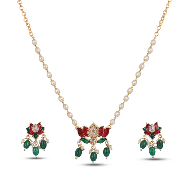 Gold_Plated_Ad_Pearls_Lotus_Pendant_Necklace_Set_For_Women