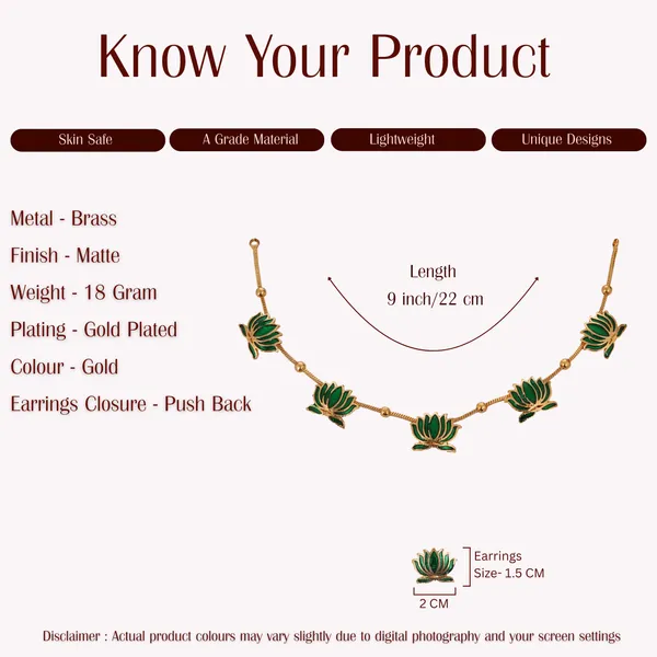Gold_Plated_Green_Enamel_Lotus_Necklace_Set_With_Earrings