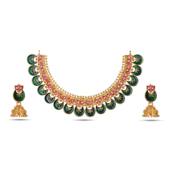 Green_Pink_Enamel_Meenakari_Gold_Plated_Necklace_Set_With_Jhumka_Earrings