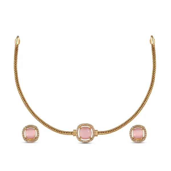 Pink_Stone_Gold_Plated_Stud_Earrings_With_Chain_Necklace_Set