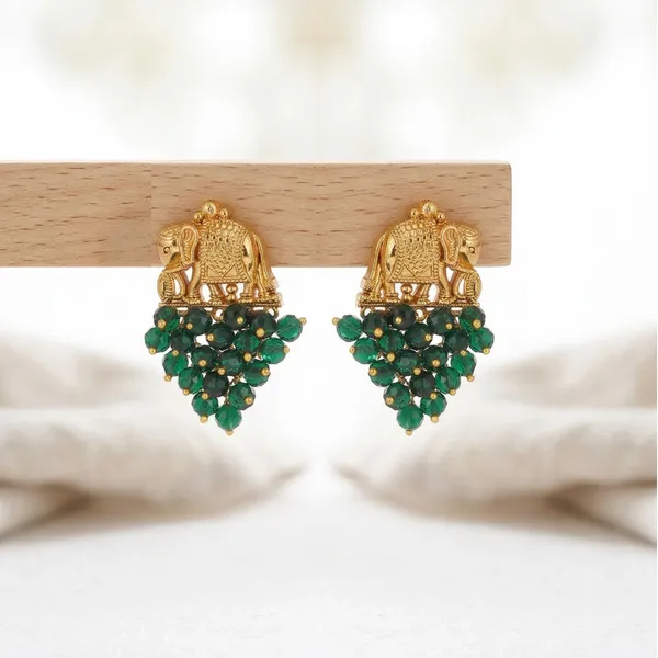 Gold_Plated_Elephant_Motif_Green_Crystal_Bead_Drop_Earrings