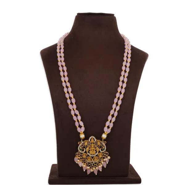 Pastel_Pink_Beaded_Double_Strand_Long_Necklace_With_Gold_Plated_Lakshmi_Pendant_For_Women