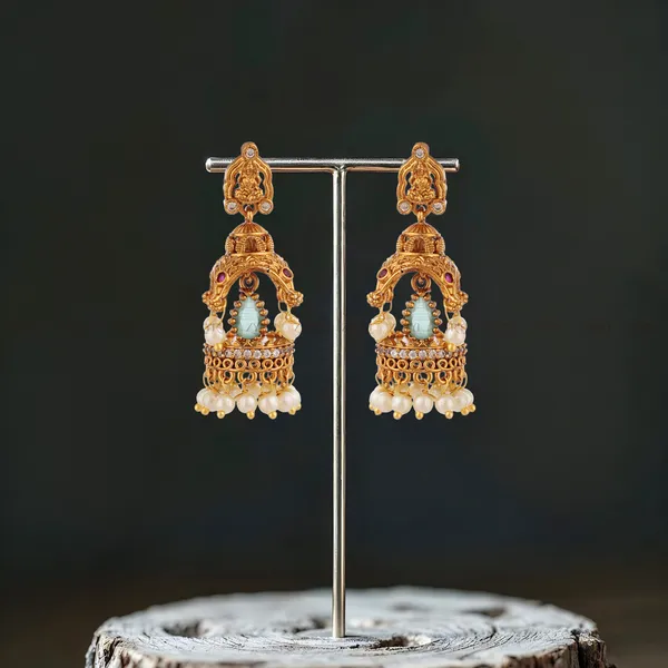 Gold_Antique_Finish_Turquoise_Pearl_Jhumka_Earrings_For_Women