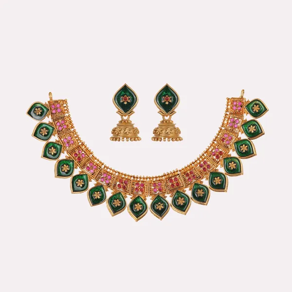 Gold_Plated_Pink_Green_Meenakari_Necklace_Set_With_Jhumka_Earrings
