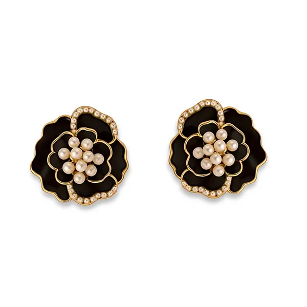 Gold_Pearl_Embellished_Black_Floral_Stud_Earrings