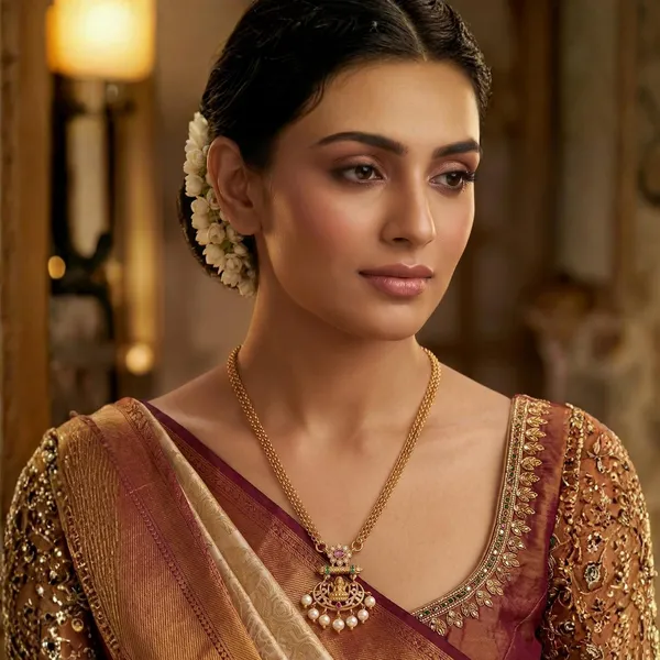 Long_Chain_Pendant_Necklace_With_Zircon_And_Pearl_Studded_Temple_Jewellery_Style_Lakshmi_Desing_Locket_And_Double_Chain