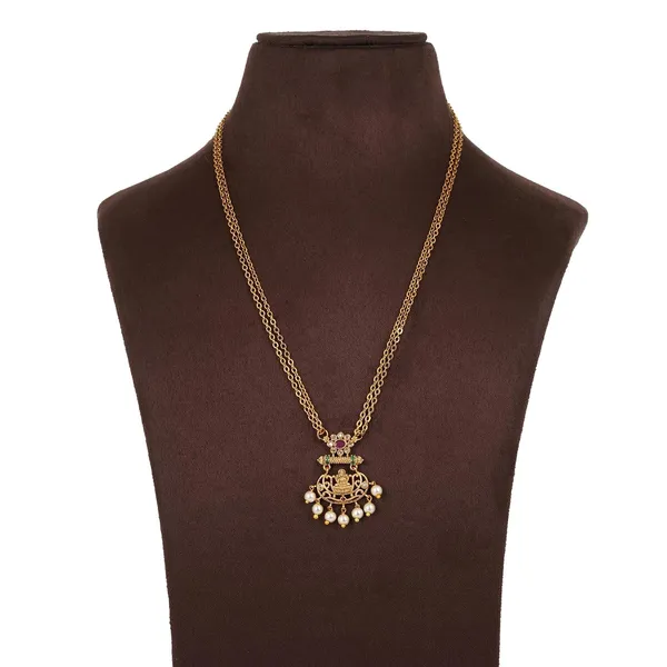 Long_Chain_Pendant_Necklace_With_Zircon_And_Pearl_Studded_Temple_Jewellery_Style_Lakshmi_Desing_Locket_And_Double_Chain