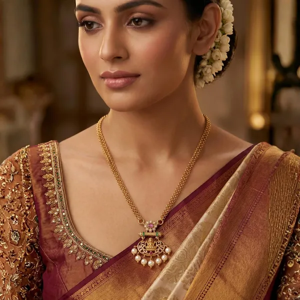 Long_Chain_Pendant_Necklace_With_Zircon_And_Pearl_Studded_Temple_Jewellery_Style_Lakshmi_Desing_Locket_And_Double_Chain