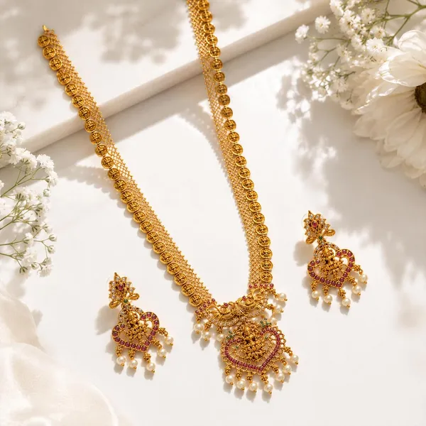 Temple_Jewellery_Long_Haar_Necklace_Set_With_Maang_Tikka_Earrings_Lakshmi_Coin_Design_Traditional_Bridal_Wedding_Jewellery_Set_For_Women