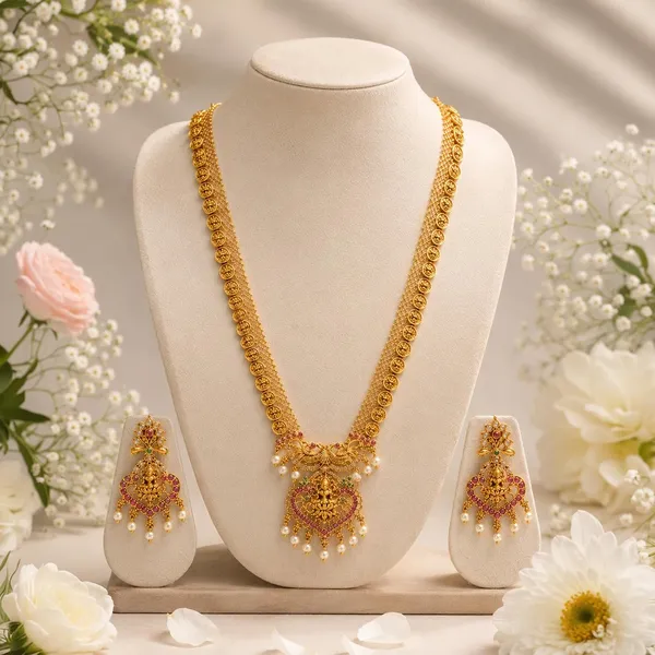 Temple_Jewellery_Long_Haar_Necklace_Set_With_Maang_Tikka_Earrings_Lakshmi_Coin_Design_Traditional_Bridal_Wedding_Jewellery_Set_For_Women