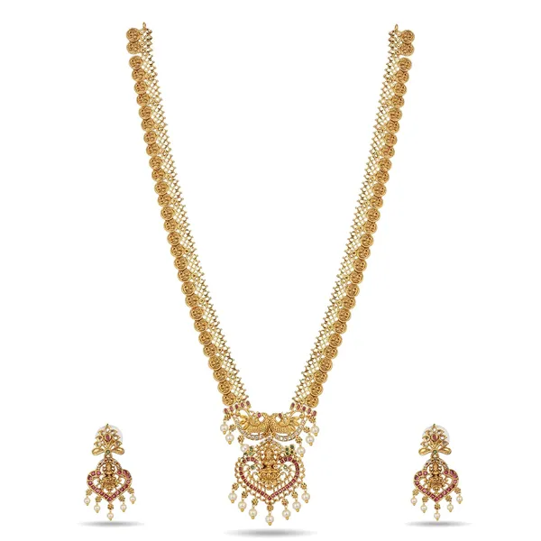 Temple_Jewellery_Long_Haar_Necklace_Set_With_Maang_Tikka_Earrings_Lakshmi_Coin_Design_Traditional_Bridal_Wedding_Jewellery_Set_For_Women
